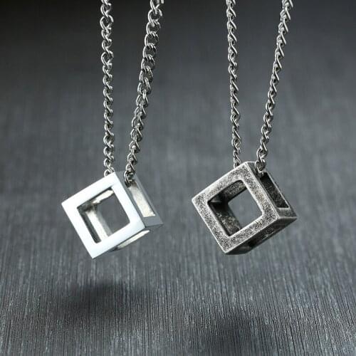 Retro Hollow Cube Pendant for Men Stainless Steel Square Vintage Necklace Punk Geometric Male Collier with 24" Curb Chain