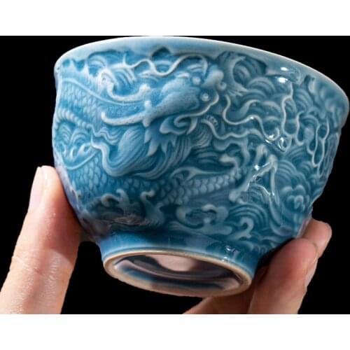 Handmade Relief Ceramic Tea Cup Single Cup Auspicious Dragon Kungfu Tea Cup Household Master Cup Tea Accessories