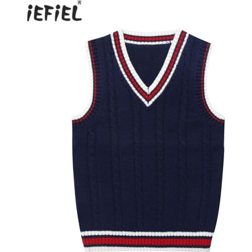 Boys Sweater Vest Knitted Striped Pullover Tank Top Clothes V Neck Cropped Knitwear Tops for Autumn Casual Wear School Uniform