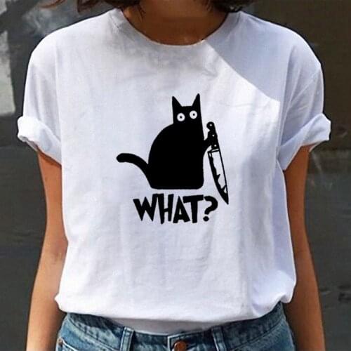 Cat What T Shirt Murderous Cat Knife Funny T shirt Women O-neck Poleras Mujer Loose Tshirt Cotton Women Black Tee Shirt Femme