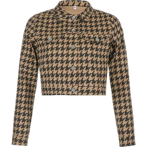 Womens Clothing Houndstooth Cropped Jacket Pocket Button Turn Down Collar Long Sleeve Coat женская куртка