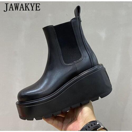 Black Genuine Leather Women Boots Round Toe Thick Sole Slip-on Short Boots Platform Height Increase Ankle Boots Runway Designer