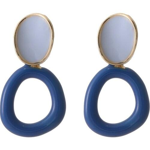 TIMEONLY Korean Fashion Enamel Circle Hollow Contrasted Dangle Earring for Women Ladies Blue White Color Jewelry Simple Earring
