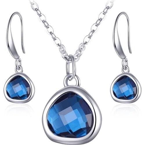Luxury Blue/Green Austrian Crystal Earrings Necklace Jewelry Sets for Women Silver Color Chain Fashion Accessories Girls Gifts