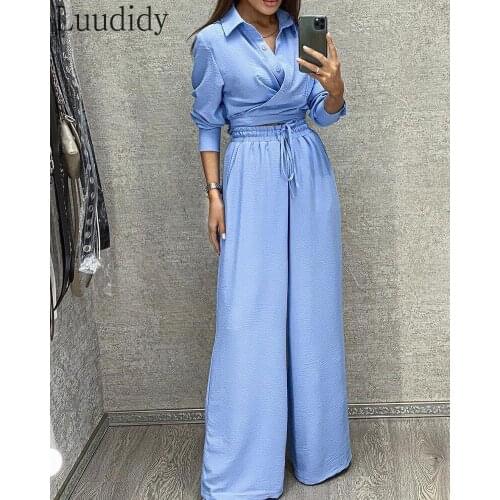 Women Button Design Top & Wide Leg Drawstring Pants Set