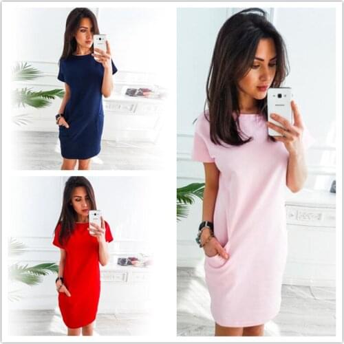 Women dress sexy party sundress 2021 sweet pockets short sleeve casual solid summer dress women bodycon dresses Robe Femme