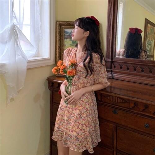 2021 New Floral Print Dress Summer Women V-Neck Waist Slim Chiffon Bubble Mid Sleeve Dress Ladies Polyester Knitted Skirt Female