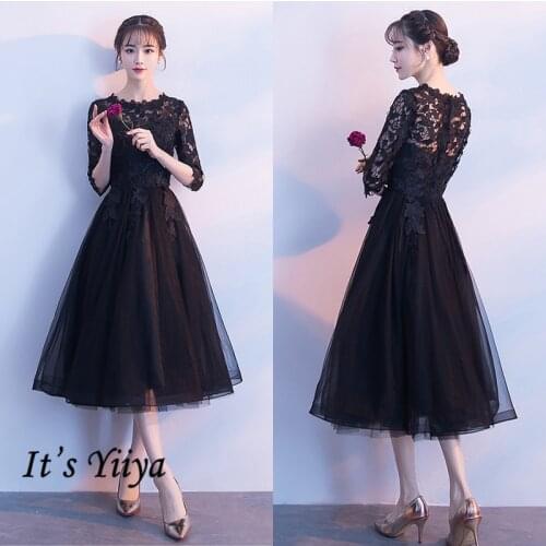 Its Yiiya Black Formal Dress Half Sleeve Plus Size O-Neck Solid Lace Evening Dresses K293 A-Line Short Evening Dress 2020