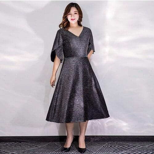 Simple V-Neck Pleat Short Sleeves Evening Dress Empire Zipper Back Bling Tea-Length A-Line New Plus Size Women Formal Gowns D871