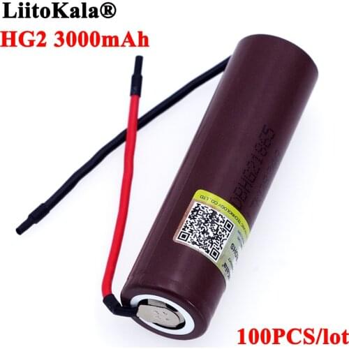 100PCS Liitokala HG2 18650 3000mAh Rechargeable battery 18650HG2 3.6V discharge 20A, dedicated batteries+DIY Silica gel Cable