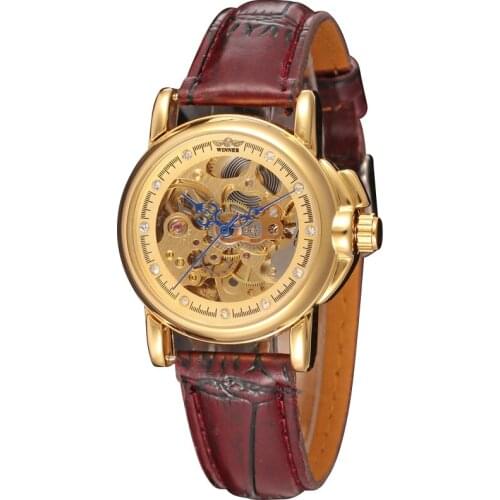 Relojes mujer WINNER automatic watch women brand design with gold color dial deep red leather WRL8011M3G2