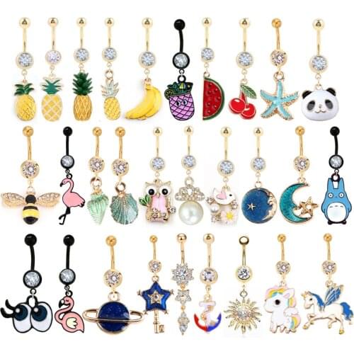 1PC Rhinestone Gold Belly botton ring Navel Piercing 14G Dangle Belly Button Ring Surgical Stainless Steel Fashion Accessories