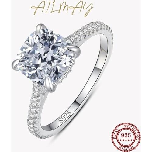 Ailmay Genuine 925 Sterling Silver Luxury Sparkling Square Zirconia Finger Rings For Women Wedding Statement Fine Silver Jewelry