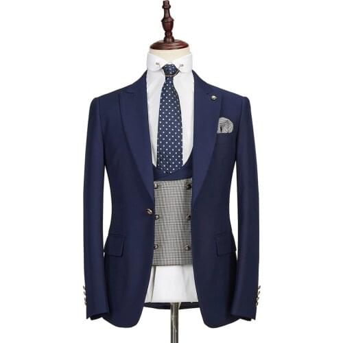 Handsome Navy Blue Business Men Suits Terno Slim Fit Costume Mariage Homme Prom Blazer Men Tuxedos Groom Wedding Suits 3 Piece