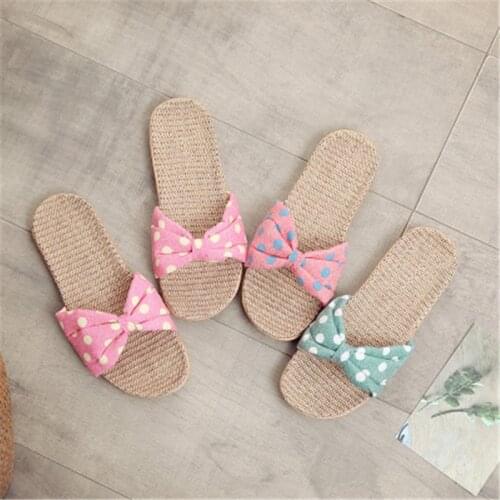 FAYUEKEY 2020 Summer Ladies Casual Flat Slides Women Linen Slippers Sandals Sweet Polka Dot Flip Flops Girls Indoor Floor Shoes