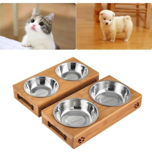 Pet Feeding Bowl Limited Sales Cat Dog Pet Stainless Steel/Ceramic Feeding and Drinking Bowls Combination with Bamboo Frame