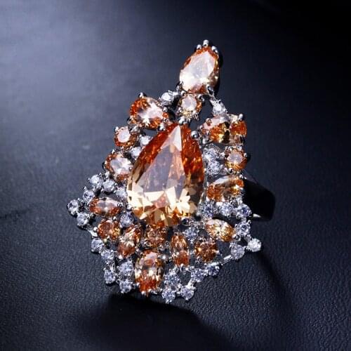 Trendy Red and Champagne crystal stones colored rings cocktail big ring long design fashion jewelry for Anniversary party