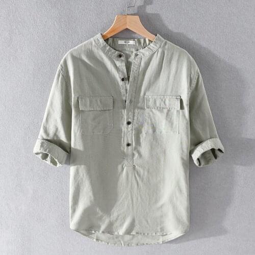 New style half-sleeve cotton and linen brand men shirt casual stand collar light green shirts for men fashion breathable shirt