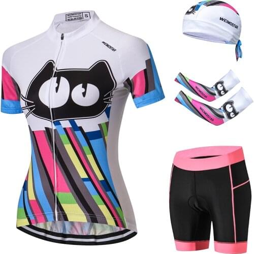 1 piece Cycling Clothing pro Team MTB Bicycle Shirt shorts cap arm warmer Quick Dry Cat White WOMEN Summer Bike Jersey