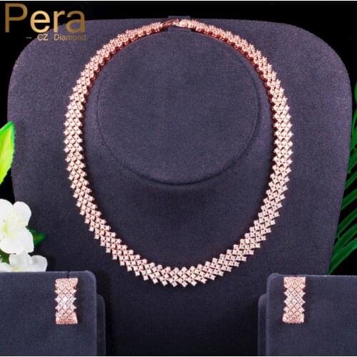 Pera 585 Rose Gold Multilayer CZ Round Choker Women Wedding Necklace Earrings Jewelry Sets for Brides Party Accessories J397