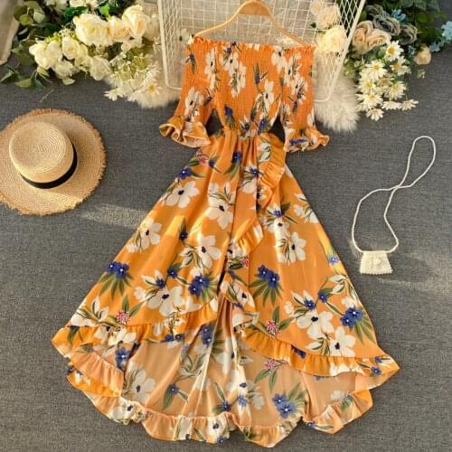 Boho Vintage Ruffles Floral Print 2020 split Sexy Off Shoulder Dress Summer Maxi Long Party Women Irregular Beach Holiday dress