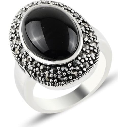 Silverlina Silver Onyx & Marcasite Ring