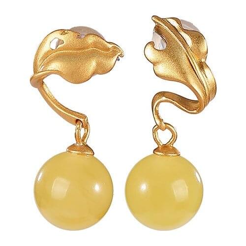 S925 sterling silver gold plated Natural Amber Beeswax Ear studs Retro Personality Leaves Round beads Eardrops Earrings