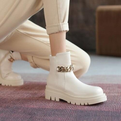 Ochanmeb Size 33-43 Chic Celebrity Motorcycle Boots with Gold Metal Chain Shoes for Women Waterproof Platform Chelsea Bootie New