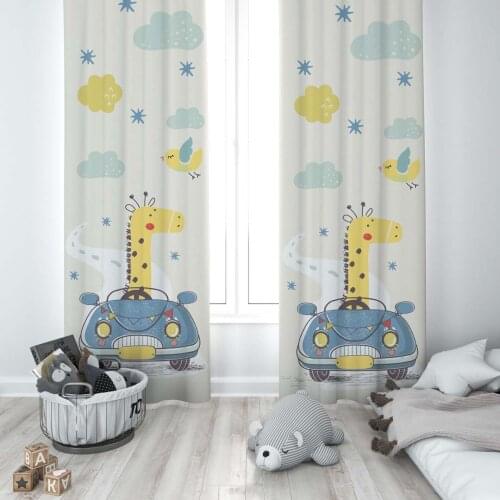 Curtains Children 3D Printed Decorative Items Home Childrens Room Giraffe Driving Blue Car Model 134