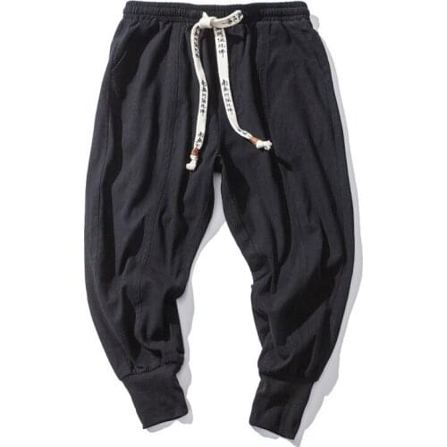 TANG 2019 Japanese Cotton Flaxen Trousers Ankle Banded Pants Men Loose Harem Chinese Style Large Bloomers Linen Knickerbockers