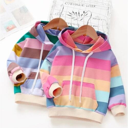 Spring Autumn Baby Girl Outerwear Rainbow Striped Casual Hoodie Zipper Sweatshirt Kids Coat Outfits Tops