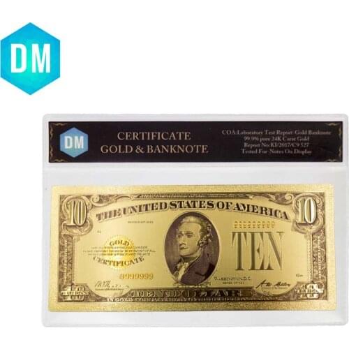 High Quality for America 24k Gold Banknotes 10 Dollar Banknotes In 24k Gold Fake Paper Money with Plastic Frame for Collection