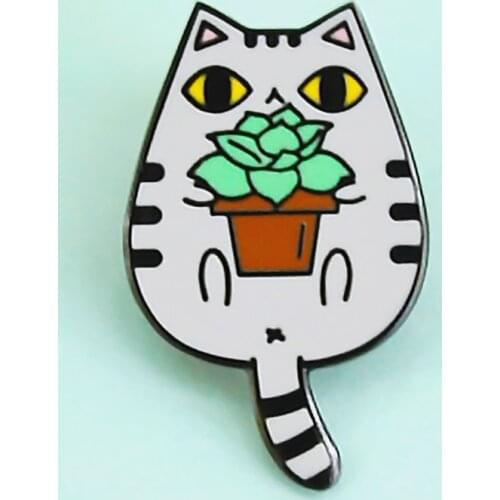 Funny Cartoon Gray Tabby Cat Hard Enamel Pin Fashion Kawaii Succulents and Animal Cats Badge Accessories Unique Gift