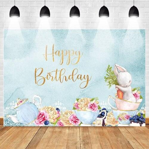 Rabbit Backdrop for Photography Blue Theme Happy Birthday Party Photo Background Tea Party Flowers Backdrop for Studio