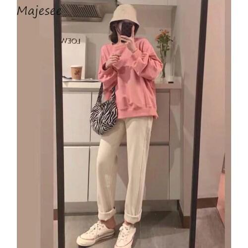 Women Sets Autumn Pink O-neck Loose Pullover Full-length High Waist Pants Leisure Solid College Students Korean Style Chic Sweet