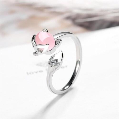 Sole Memory Fox Cute Romantic Color Opal 925 Sterling Silver Female Resizable Opening Rings SRI590