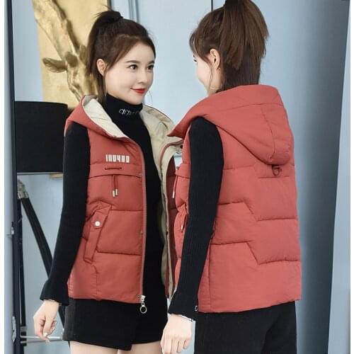 Women down cotton hoodie vest female short 2019 new autumn winter slim hooded vest waistcoat vest jacket big size