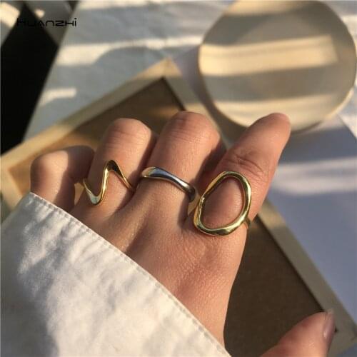 HUANZHI 2020 New Geometric Oval Irregular Curve Glossy Simple Line Personality Adjustable Opening Ring For Women Party Jewelry