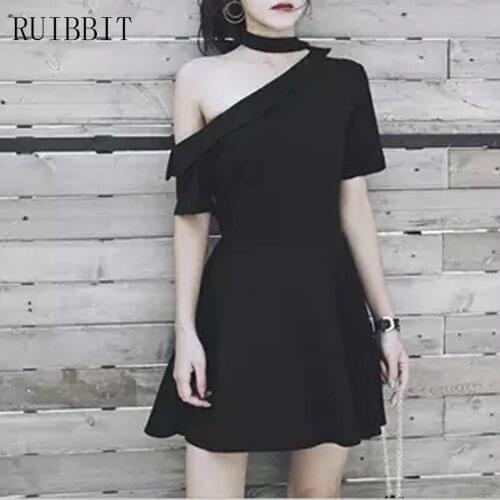 2019 summer sexy black dress woman summer lolita gothic halter short sleeve one shoulder slim short dress club party mini dress