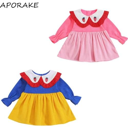 2021 0-4Y Sweet Toddler Girls Dress Strawberry Embroidery Ruffle Color Long Sleeve Patch Tunic A-line Dress Spring Fall Clothes