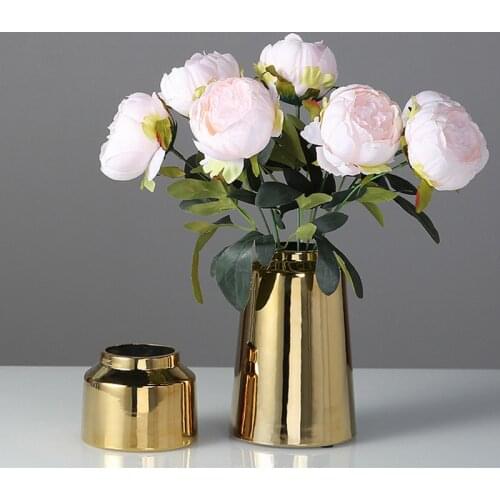 1Pc Golden Ceramic Flower Vase Home Porcelain Pot Living Room Decorative Planter Wedding Ornament