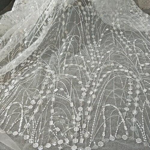 GLace 1Y/lot off white embroidery lace sequins fabric textile for wedding dress DIY accessories TX1390