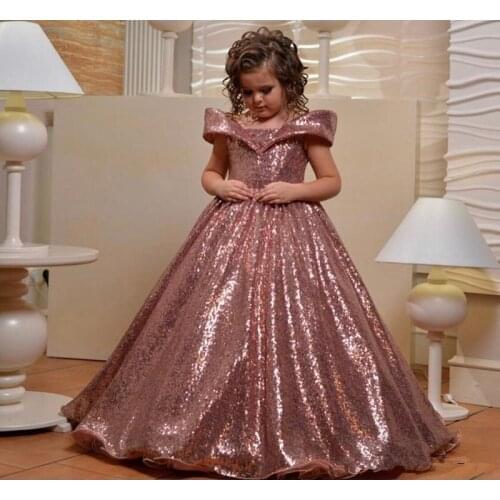 2020 Off The Shoulder Flower Girls Dresses For Wedding Rose Gold Sequins Puffy First Communion Dress Girls Pageant Gown