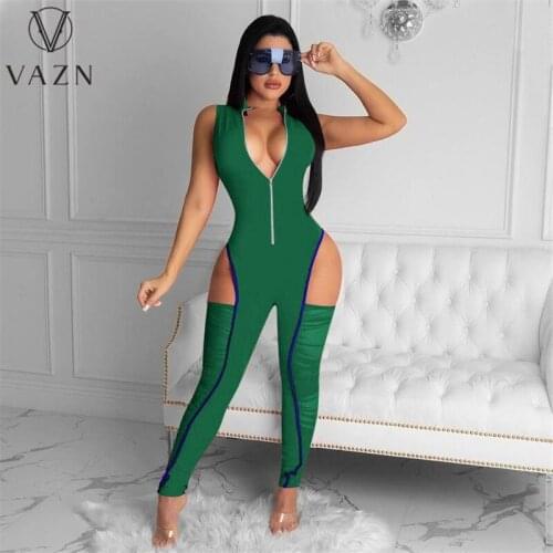 VAZN 2021 Hot Special Sexy Office Lady Women Sleeveless Zipper V-neck Banquet Party Beach Jumpsuits Full Pant Bandage Rompers