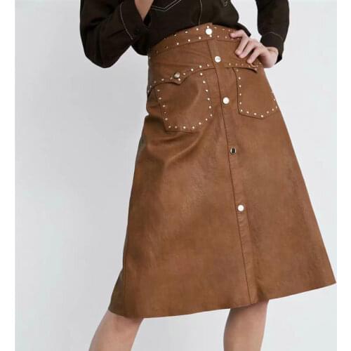 2021 New Office Lady A-line Faux Leather Knee-Length Rivet Skirts Women High Waist Vintage Motorcycle Biker PU Zipper Cool Skirt
