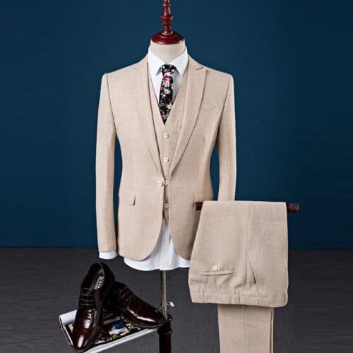 3 2020 Slim Fit Piece Wedding Suits For Men Linen Cotton Beige Tuxedo Jacket Mens Formal Peacock Blue Suit S-4XL 955