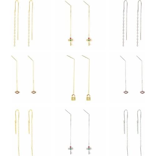 CANNER 925 Sterling Silver Simple Shiny Chain Cuff Drop Earrings For Women Jewelry Lock Key Pendant Long Tassel Chain Earrings