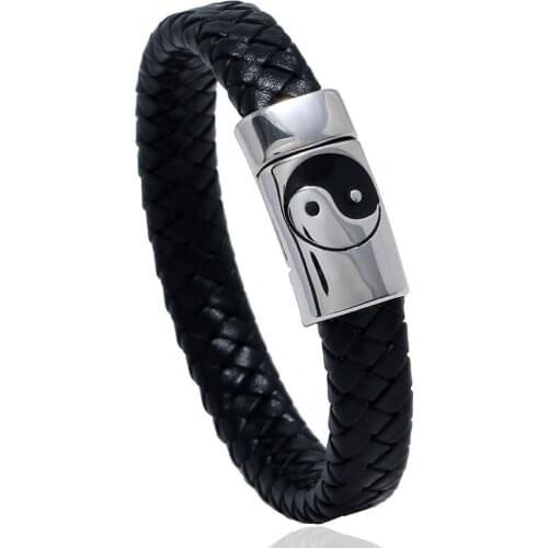 Stainless Steel Leather Bracelet Retro Woven Titanium Steel Jewelry Imitation Cowhide Bracelet Tai Chi Bracelet