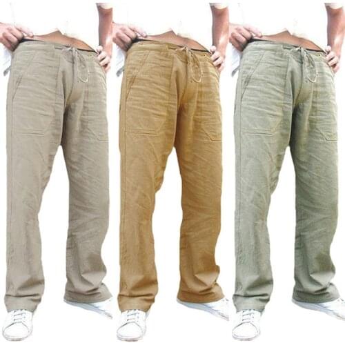 Cotton Linen Trousers for Men Wide Leg Pant Breathable Summer Pants Fitness Clothing Mens Workwear Male Jogging Bottoms