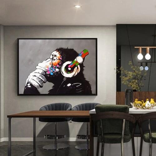 Home Decor Canvas Wall Art Painting Chimpanzee Poster Print Pop Art Cool Ape Listening Music with Headphone Framed Ready to Hang
